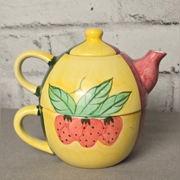 Country Inn Collection Strawberry Tea Set โ Ceramic Teapot, Sugar & Creamer 4pc - Picture 3 of 16
